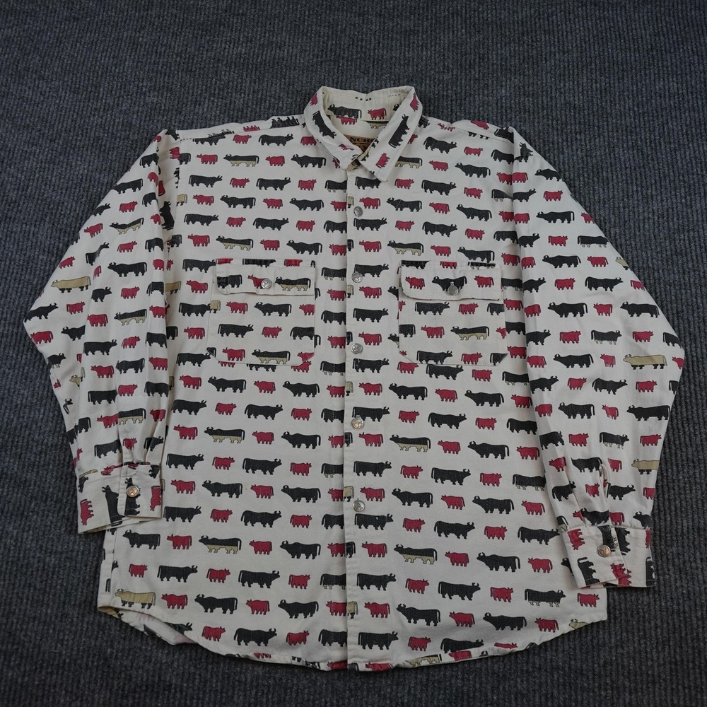Rancho Deluxe Mens Medium White Cow Print Western Snap Front Shirt M15 USA Made